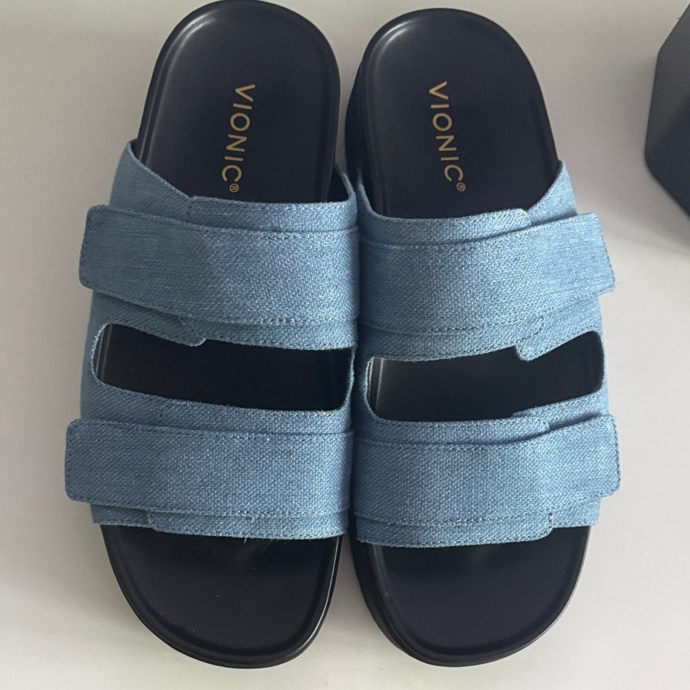 Vionic Denim Blue Double-Strap Platform Slides New Without Tag
